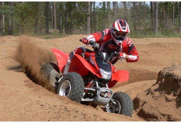 Thrilling ride on quad bike in forest